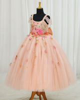 Net Princess Character Full-Length Gown with Hand-Worked Draped Sleeve & Detachable Bow- Peach(New)