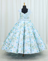 Embroidery Net Cap-Sleeve Floral Full-Length Panel Gown with Detachable Twirled Belt-Baby Blue(New)