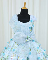 Embroidery Net Cap-Sleeve Floral Full-Length Panel Gown with Detachable Twirled Belt-Baby Blue(New)