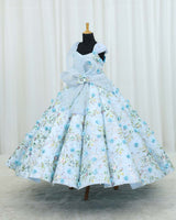 Embroidery Net Cap-Sleeve Floral Full-Length Panel Gown with Detachable Twirled Belt-Baby Blue(New)