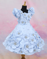 Crystal Satin Puff Sleeve 3D Floral Knee Length Frock - Baby Blue(New)