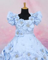 Crystal Satin Puff Sleeve 3D Floral Knee Length Frock - Baby Blue(New)