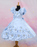 Crystal Satin Puff Sleeve 3D Floral Knee Length Frock - Baby Blue(New)