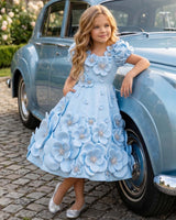Crystal Satin Puff Sleeve 3D Floral Knee Length Frock - Baby Blue(New)