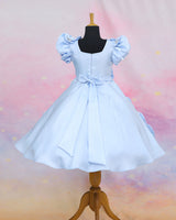 Crystal Satin Puff Sleeve 3D Floral Knee Length Frock - Baby Blue(New)