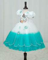 Net Puff-Sleeve Fantasy Aqua-Marine Full-Length Gown - White & Turquoise(New)(Bestseller)