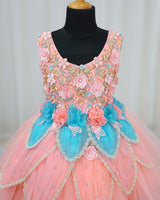 Net Sleeveless 3D Petal Floral Full-Length Gown - Flamingo Pink & Blue (New)