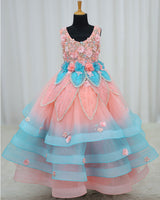 Net Sleeveless 3D Petal Floral Full-Length Gown - Flamingo Pink & Blue (New)