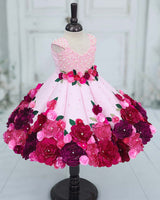 Glitter Net Cap-Sleeve Paneled Floral Full-Length Gown with Detachable Bow-Baby Pink (New)