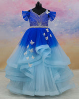 Net Draped-Sleeve Asymmetrical Layered Butterfly Full-Length Gown - Royal & Icy Blue (New)