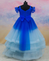 Net Draped-Sleeve Asymmetrical Layered Butterfly Full-Length Gown - Royal & Icy Blue (New)