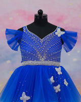 Net Draped-Sleeve Asymmetrical Layered Butterfly Full-Length Gown - Royal & Icy Blue (New)