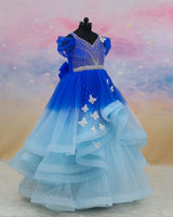 Net Draped-Sleeve Asymmetrical Layered Butterfly Full-Length Gown - Royal & Icy Blue (New)