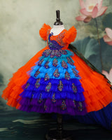 Net Frill-Sleeve Peacock-Themed Full-Length Gown - Deep Orange (Trail is a paid add-on) (New)