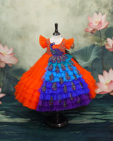 Net Frill-Sleeve Peacock-Themed Full-Length Gown - Deep Orange (Trail is a paid add-on) (New)
