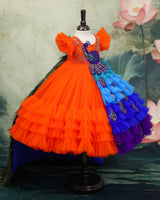 Net Frill-Sleeve Peacock-Themed Full-Length Gown - Deep Orange (Trail is a paid add-on) (New)