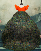 Net Frill-Sleeve Peacock-Themed Full-Length Gown - Deep Orange (Trail is a paid add-on) (New)