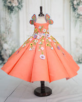 Satin Sleeveless Panelled Butterfly and Floral Full-Length Gown - Peach (New)