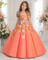 Satin Sleeveless Panelled Butterfly and Floral Full-Length Gown - Peach (New)