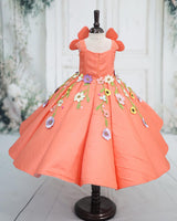 Satin Sleeveless Panelled Butterfly and Floral Full-Length Gown - Peach (New)