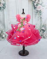 Net Frill Ball Sleeve Swirl Layered Floral Full Gown - Dark Rose Pink & Rubine Red (New)