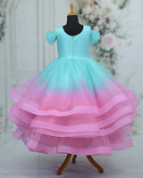 Net Draped-Sleeve Asymmetrical Layered Butterfly Full-Length Gown - Pale Aqua Blue & Blush Pink (New)