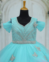 Net Draped-Sleeve Asymmetrical Layered Butterfly Full-Length Gown - Pale Aqua Blue & Blush Pink (New)