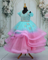 Net Draped-Sleeve Asymmetrical Layered Butterfly Full-Length Gown - Pale Aqua Blue & Blush Pink (New)