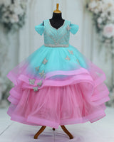 Net Draped-Sleeve Asymmetrical Layered Butterfly Full-Length Gown - Pale Aqua Blue & Blush Pink (New)