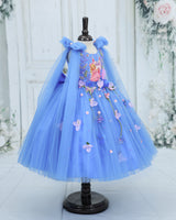 Net Sleeveless Princess Character Full-Length Gown with Sleeve Trails & Detachable Bow with Name- Saphire Blue(New)