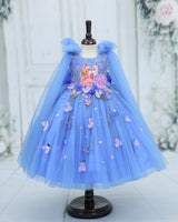 Net Sleeveless Princess Character Full-Length Gown with Sleeve Trails & Detachable Bow with Name- Saphire Blue(New)