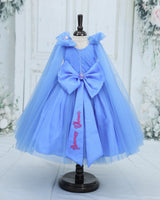 Net Sleeveless Princess Character Full-Length Gown with Sleeve Trails & Detachable Bow with Name- Saphire Blue(New)