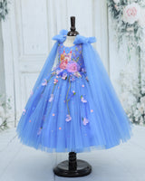 Net Sleeveless Princess Character Full-Length Gown with Sleeve Trails & Detachable Bow with Name- Saphire Blue(New)