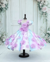 Crystal Satin puff-Sleeve Paneled Floral Full-Length Gown with floral yoke-Cotton Candy (New)