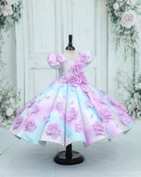 Crystal Satin puff-Sleeve Paneled Floral Full-Length Gown with floral yoke-Cotton Candy (New)