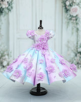 Crystal Satin puff-Sleeve Paneled Floral Full-Length Gown with floral yoke-Cotton Candy (New)