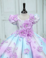 Crystal Satin puff-Sleeve Paneled Floral Full-Length Gown with floral yoke-Cotton Candy (New)