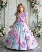 Crystal Satin puff-Sleeve Paneled Floral Full-Length Gown with floral yoke-Cotton Candy (New)