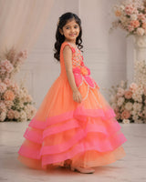 Net Sleeveless 3D Petal Floral Full-Length Gown - Peach Bud & Rose Pink (New)
