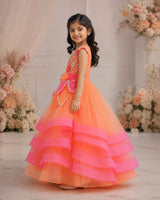 Net Sleeveless 3D Petal Floral Full-Length Gown - Peach Bud & Rose Pink (New)