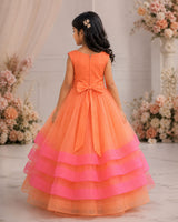 Net Sleeveless 3D Petal Floral Full-Length Gown - Peach Bud & Rose Pink (New)