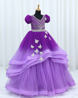 Net Puff Sleeve Asymmetrical Layered Butterfly Full-Length Gown - Dark Purple & Lavender (New)