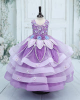 Net Sleeveless 3D Petal Floral Full-Length Gown - Pale Lavender & Light Purple (New)