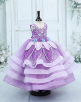 Net Sleeveless 3D Petal Floral Full-Length Gown - Pale Lavender & Light Purple (New)
