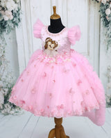 Net Frill Sleeve Leaf & Flower Embroidery Floral Knee Length Gown - Light Baby Pink (New)