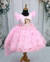 Net Frill Sleeve Leaf & Flower Embroidery Floral Knee Length Gown - Light Baby Pink (New)
