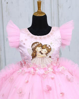 Net Frill Sleeve Leaf & Flower Embroidery Floral Knee Length Gown - Light Baby Pink (New)
