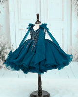 Organza Sleeveless Sequins Work Bead & Sequins Full Length Gown - Dark Teal Blue(New)