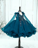 Organza Sleeveless Sequins Work Bead & Sequins Full Length Gown - Dark Teal Blue(New)