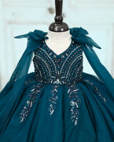 Organza Sleeveless Sequins Work Bead & Sequins Full Length Gown - Dark Teal Blue(New)